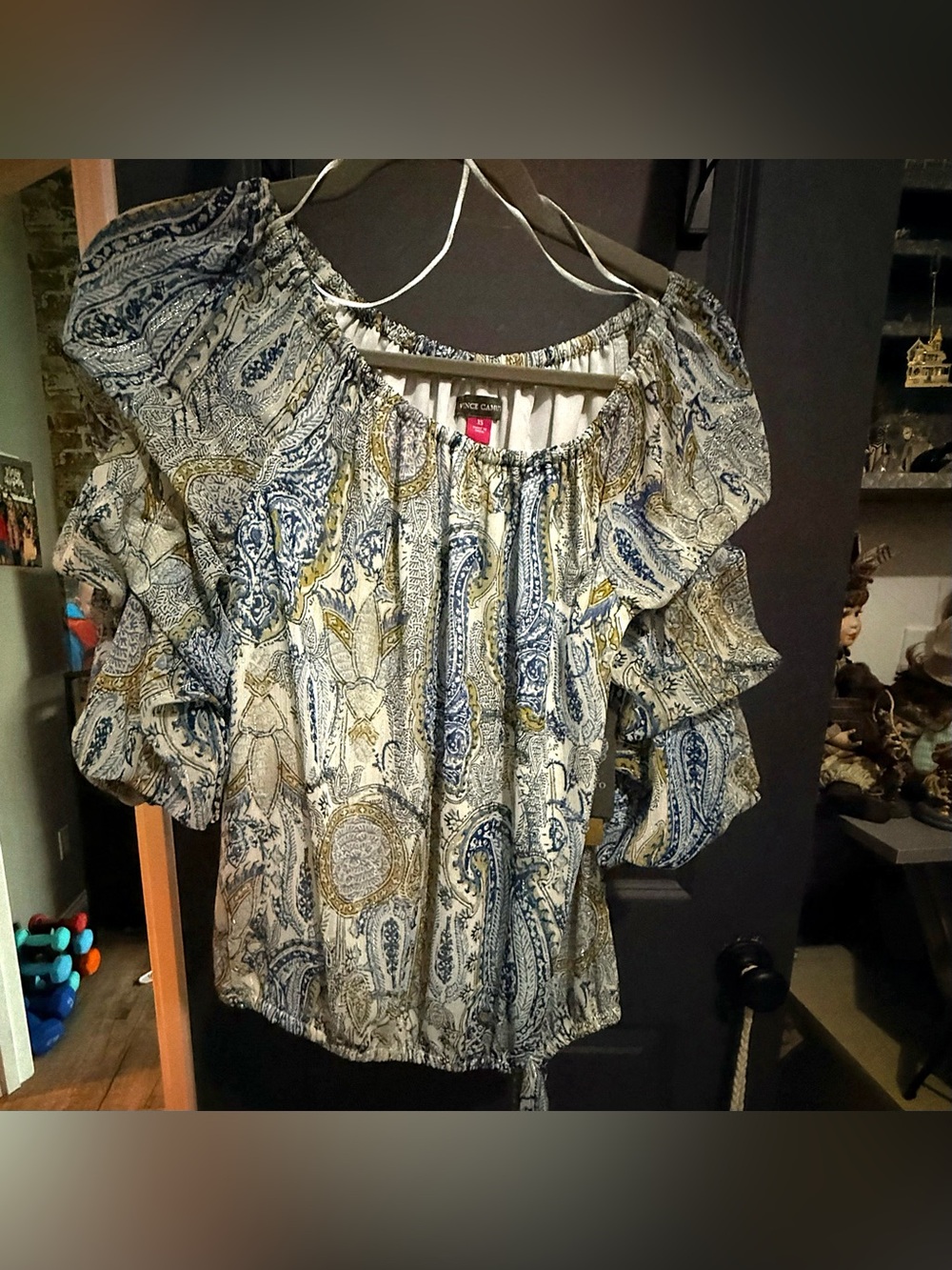 New Vince Camuto Blue & Cream Paisley Off-Shoulder Tunic